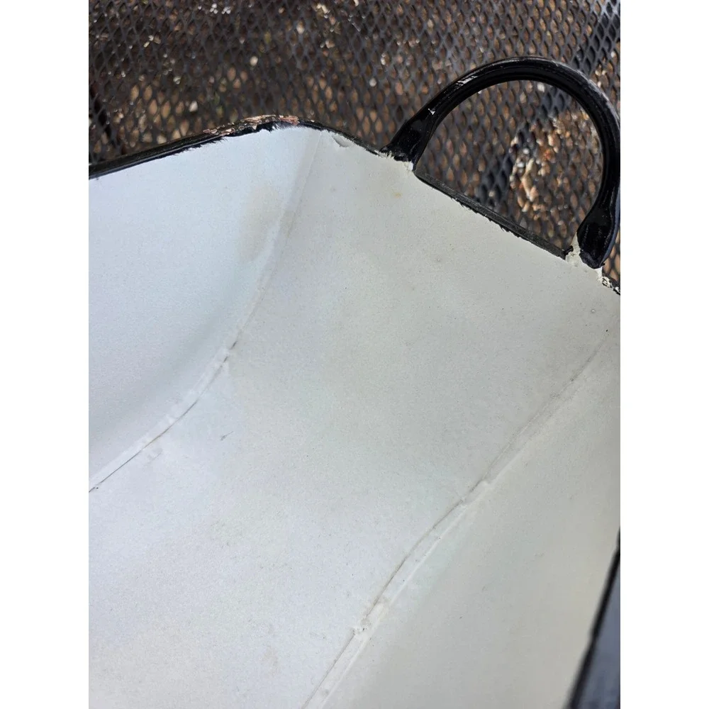 Vintage Enamelware Trough Planter White Black Trim Distressed Farmhouse Basin